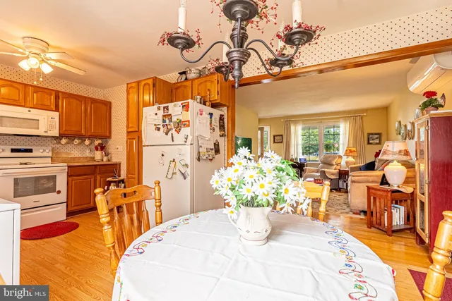 a view of a dining room with furniture