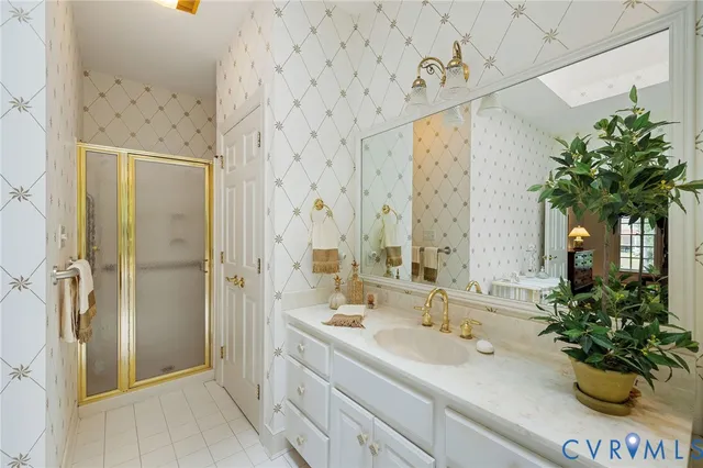 a bathroom with a sink a mirror and a shower