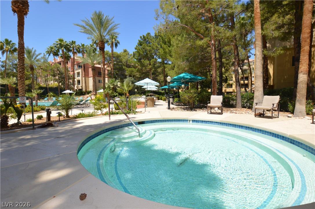 230 East Flamingo Road, Unit 334 Las Vegas, NV 89169 - Photo 31 of 37 Mature palms and evergreen trees frame this relaxing community spa area.