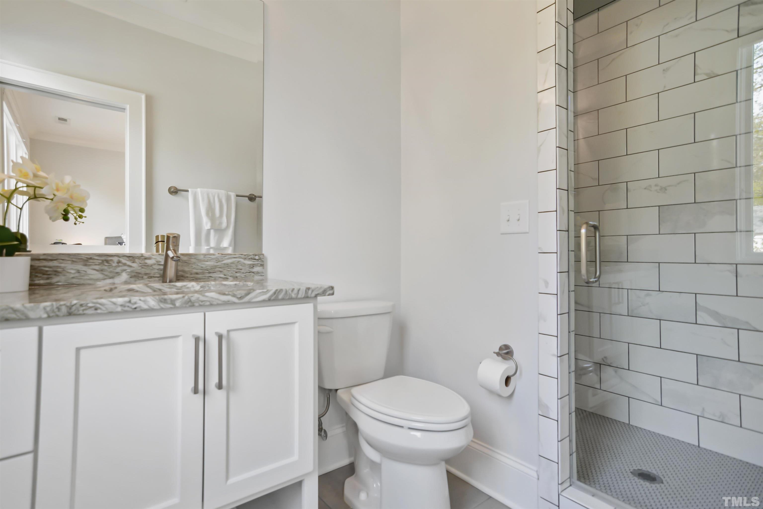 1012 Canterbury Road Raleigh, NC 27607 - Photo 28 of 51 a bathroom with a granite countertop toilet a sink and a mirror