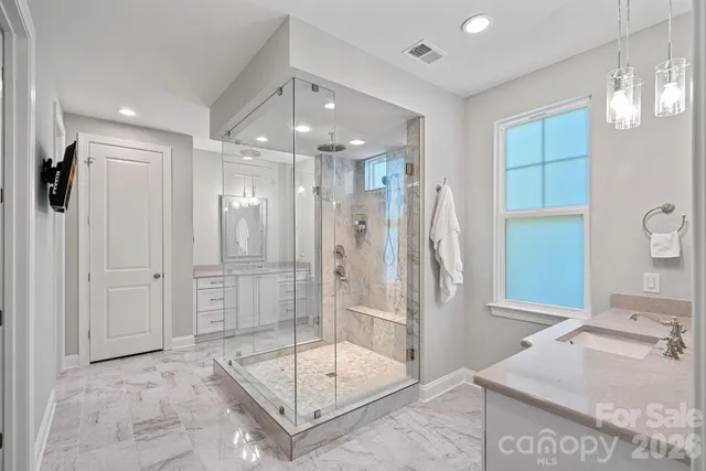 a bathroom with a shower sink and mirror