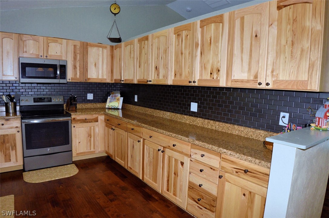 2041 Rialto Way Alva, FL 33920 - Photo 11 of 32 a kitchen with stainless steel appliances granite countertop a sink dishwasher a stove and a refrigerator with wooden floor