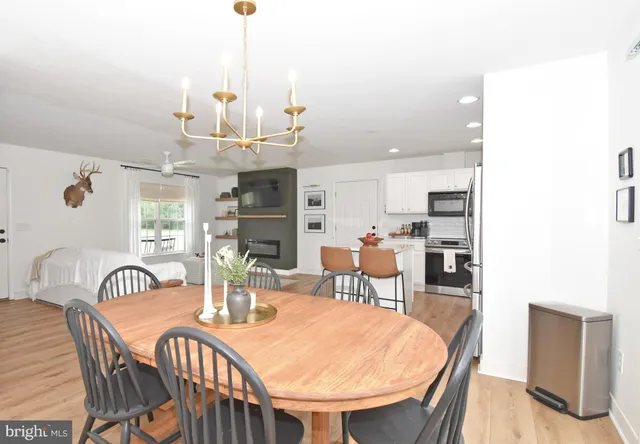 a view of a dining room with furniture