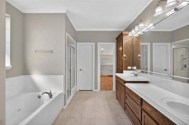 a bathroom with a bathtub double vanity sink and a large mirror