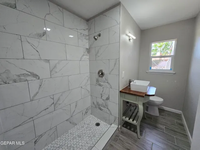 a bathroom with a sink a toilet and shower