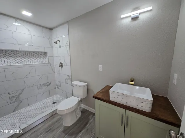 a bathroom with a granite countertop sink a toilet and shower