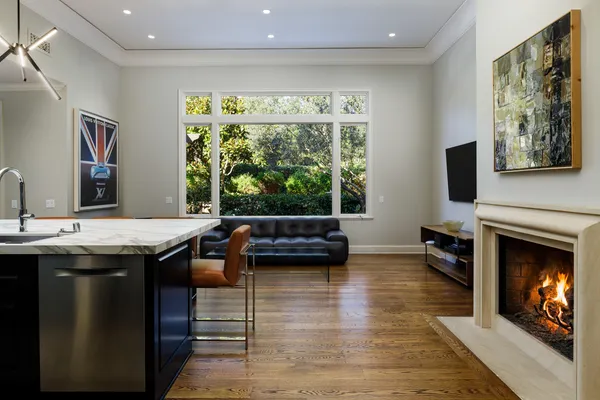 a kitchen with a stove and a microwave
