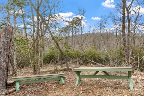 a view of a bench in a backyard