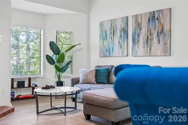 a living room with furniture and a potted plant