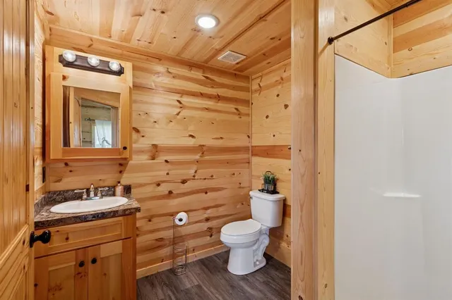 a bathroom with a granite countertop toilet sink and a mirror