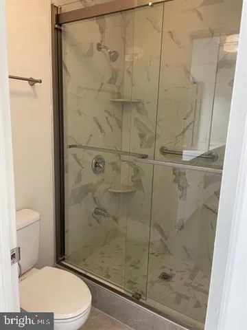 a bathroom with a shower and a toilet