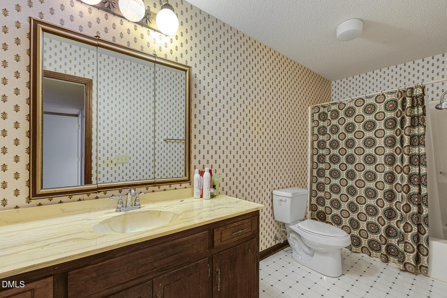 3028 Ethan Lane Raleigh, NC 27613 - Photo 32 of 58 a bathroom with a granite countertop toilet a sink a mirror and a shower