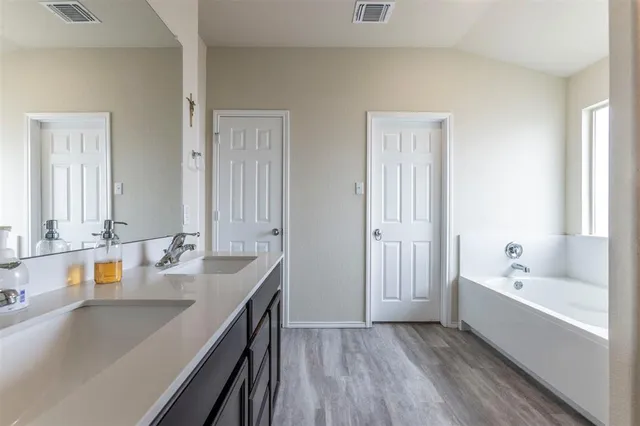 a bathroom with a tub double vanity sink and mirror