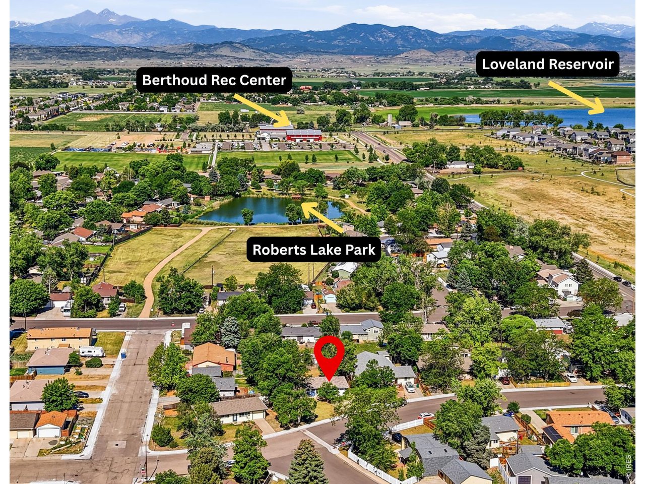 1035 6th Street Berthoud, CO 80513 - Photo 33 of 37 an aerial view of residential houses and outdoor space