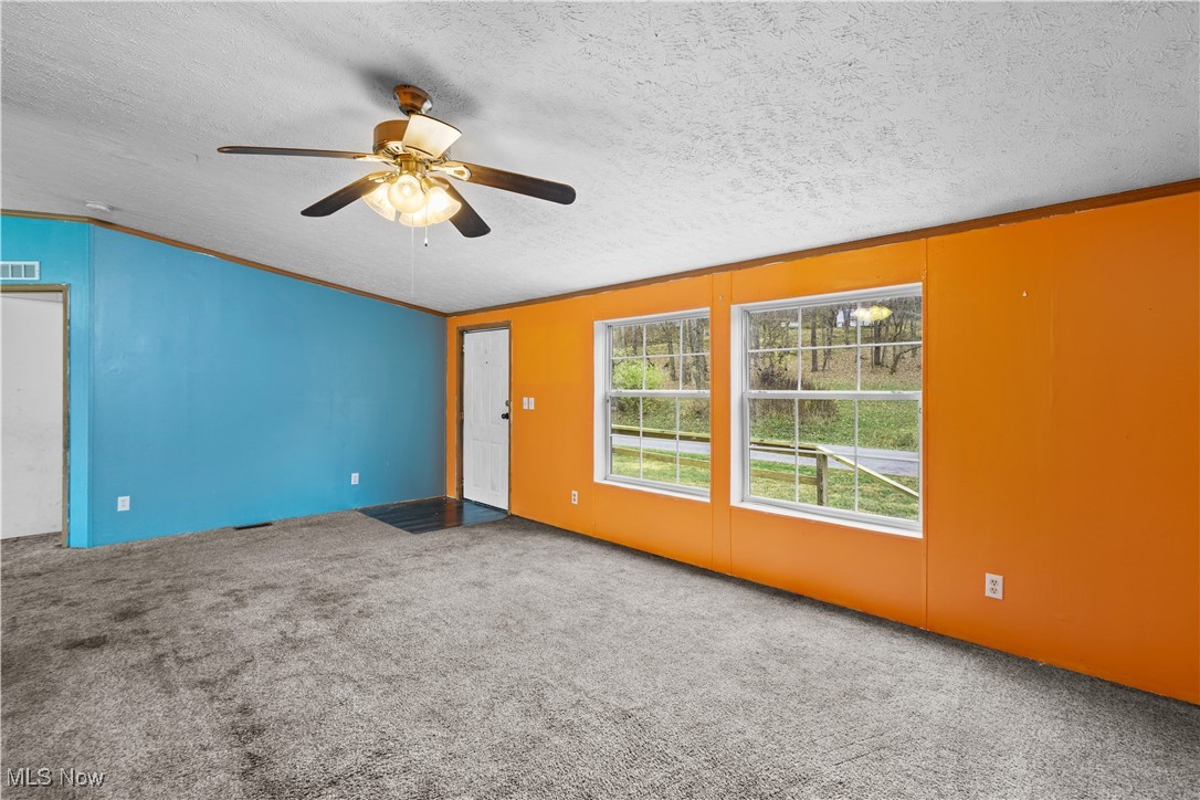 12859 Narrows Road Cambridge, OH 43725 - Photo 10 of 29 Spare room featuring carpet, ceiling fan, crown molding, and a textured ceiling