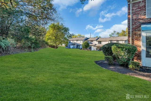 a view of a big yard with plants and large trees