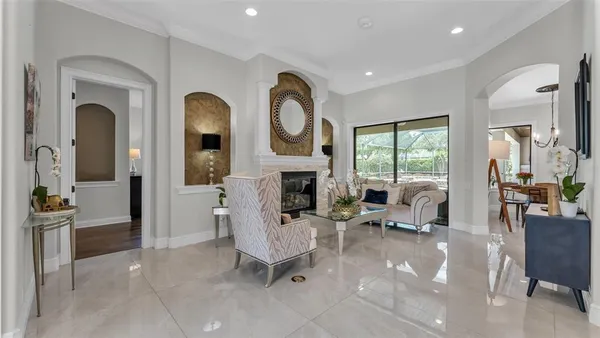 a view of a dining room with furniture window and outside view