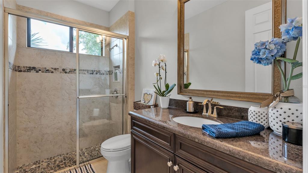 6538 Eagle View Loop Lakeland, FL 33813 - Photo 55 of 89 a bathroom with a granite countertop sink a toilet and shower