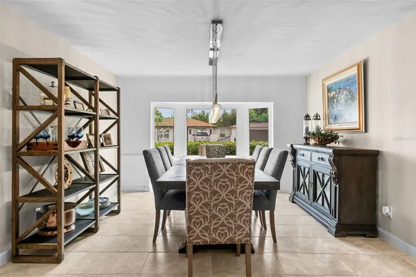 a view of a dining room with furniture