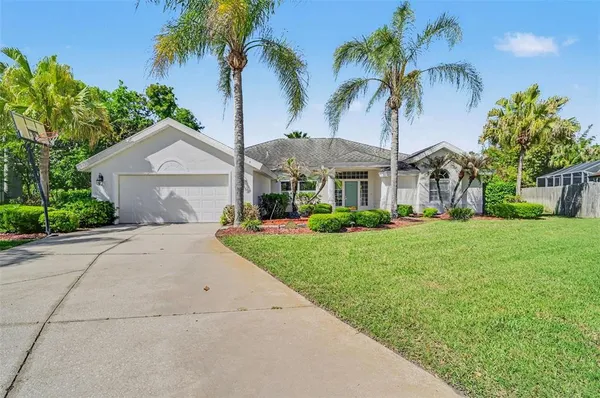 a front view of a house with a garden and palm trees