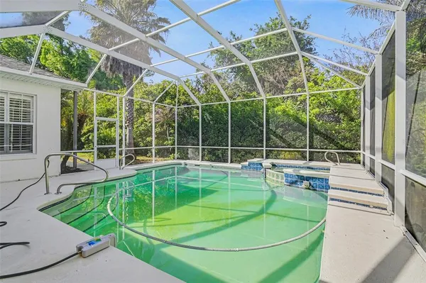 a view of a swimming pool with a yard