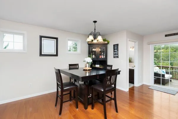 a view of a dining room with furniture window and wooden floor