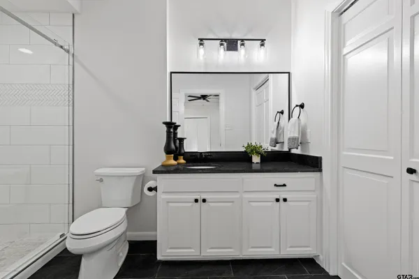 a bathroom with a sink a toilet and mirror