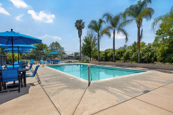 a view of swimming pool with outdoor seating and plants