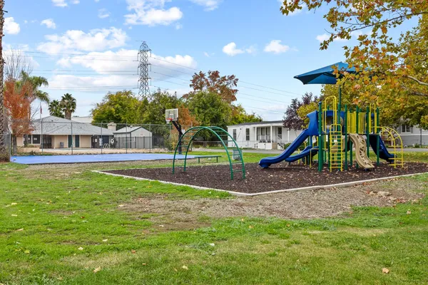 a view of a park with slide