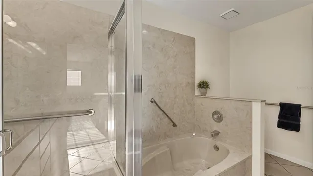 a bathroom with a bathtub and a shower