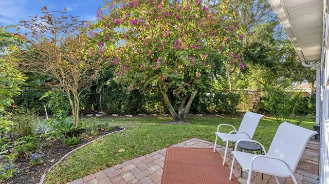 a view of a chair and table in the garden