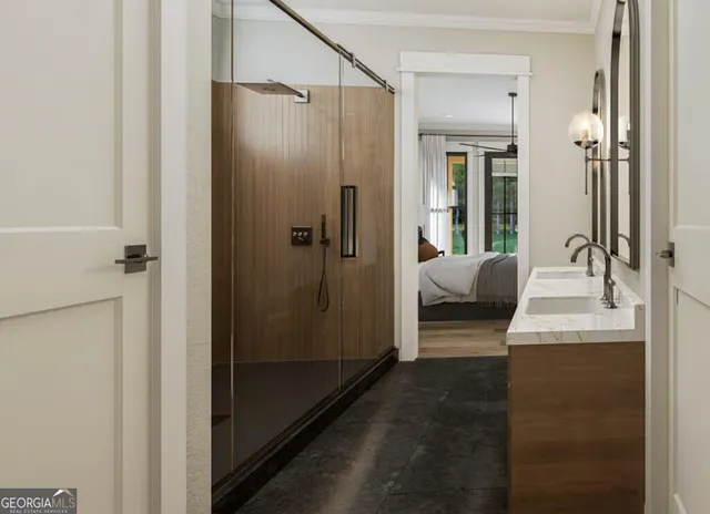 a bathroom with a shower and a sink