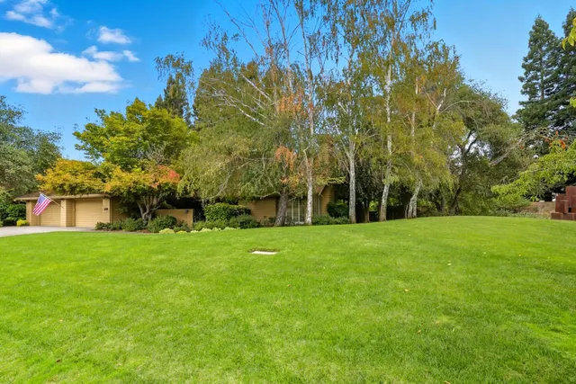 a view of a garden with a building in the background