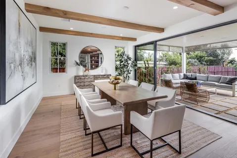 a view of a dining room with furniture large windows and wooden floor