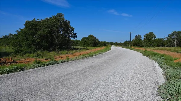 a view of a road with a big yard and a large tree