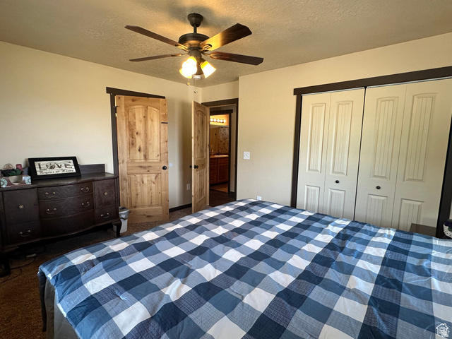 12 Crook Street Fish Haven, ID 83287 - Photo 26 of 35 Bedroom featuring ceiling fan, a textured ceiling, a closet, and dark colored carpet