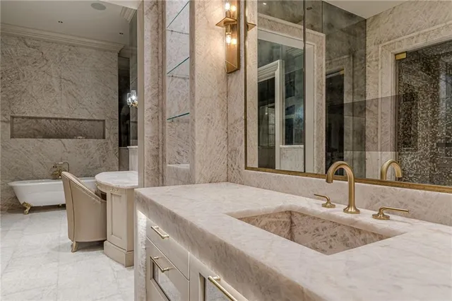 a view of a park with large trees