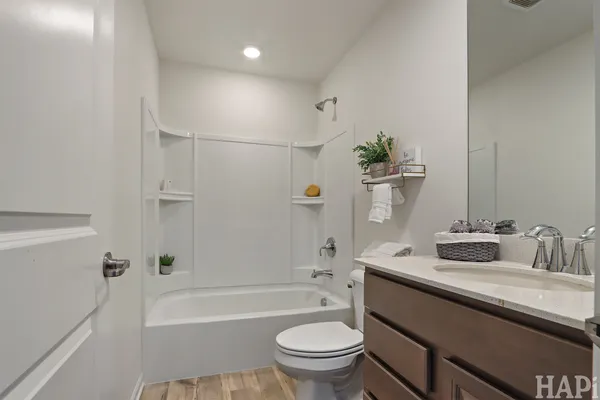 a bathroom with a sink a toilet a mirror a vanity and bathtub