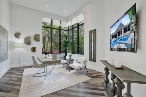 a living room with furniture and a potted plant
