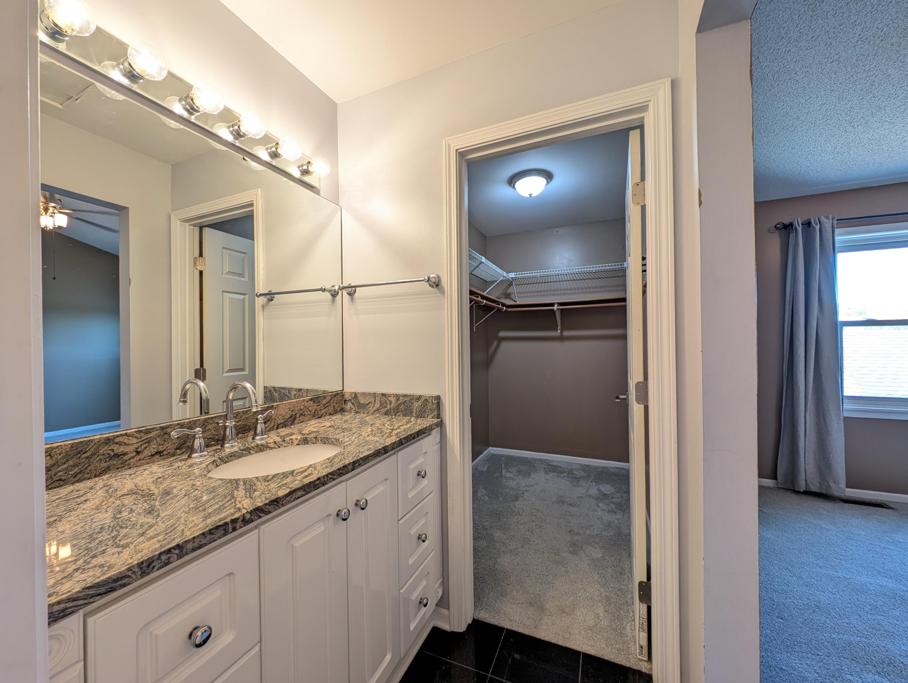 767 Kenmare Parkway Crown Point, IN 46307 - Photo 13 of 27 a en suite bathroom with a granite countertop sink and a mirror