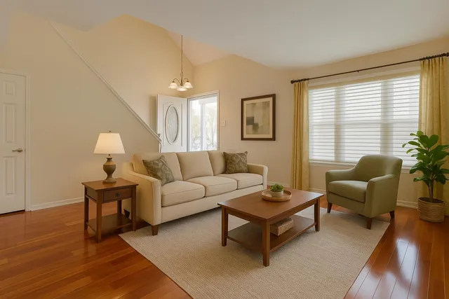 a living room with furniture wooden floor and a large window