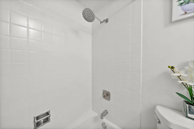 a bathroom with a shower and toilet