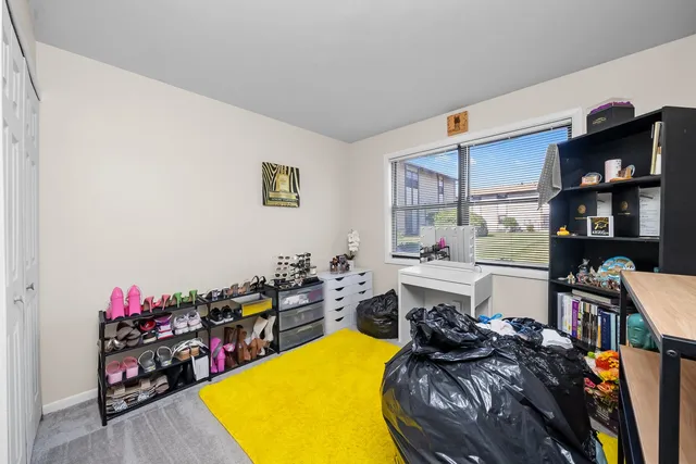a room with furniture a rug toys and a book shelf