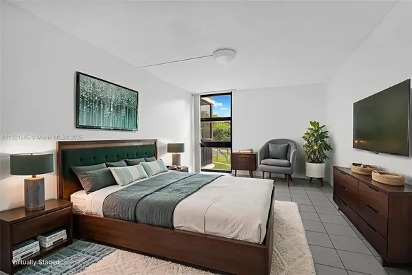 a bedroom with a bed and a flat screen television