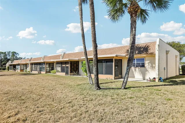 a view of a house with backyard and palm tree
