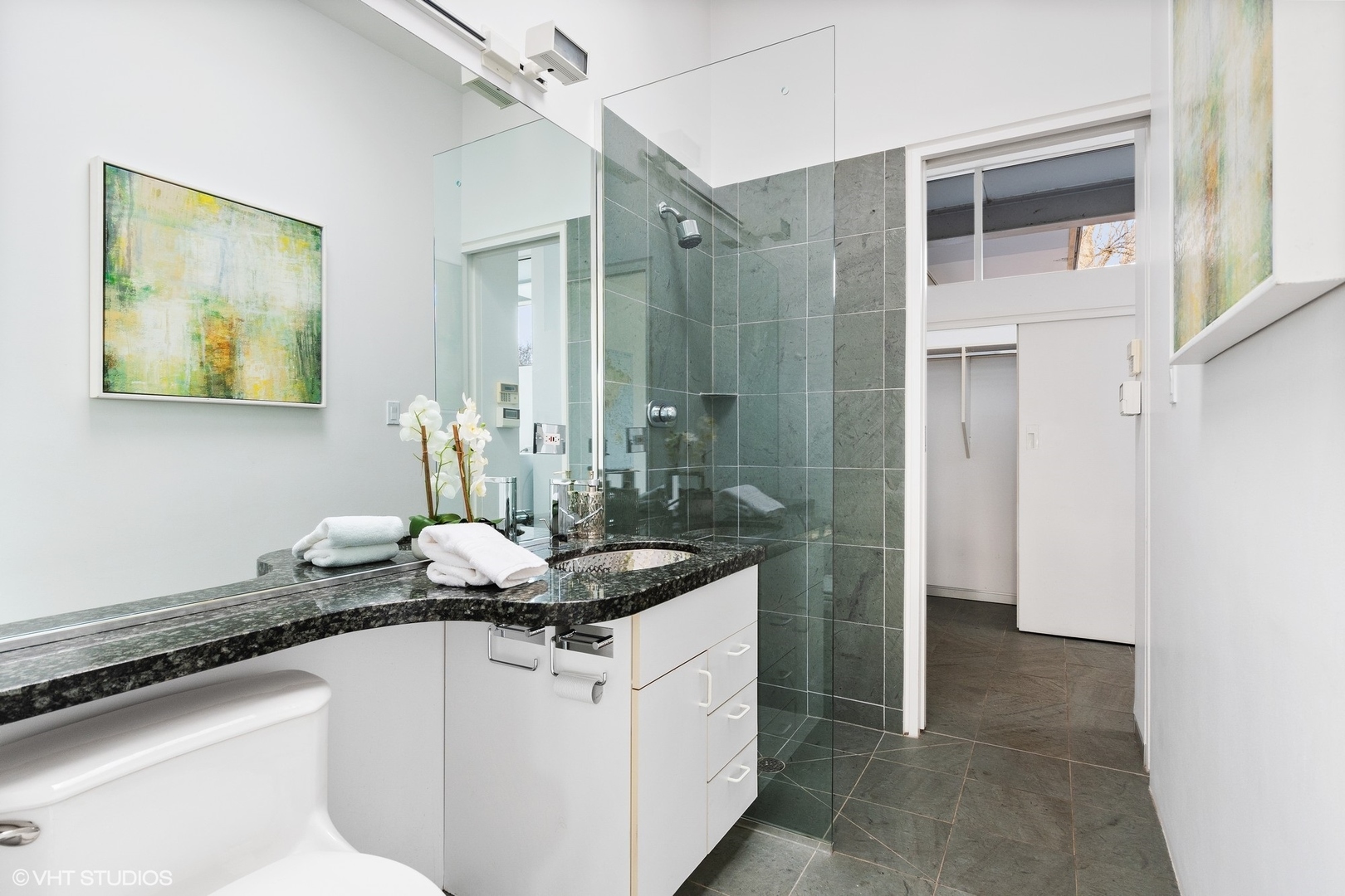 2747 Ridge Road Highland Park, IL 60035 - Photo 22 of 31 a bathroom with a granite countertop sink a mirror and a shower