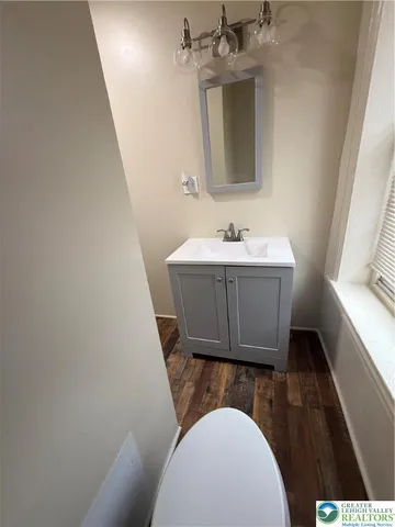 a bathroom with a sink a toilet and mirror