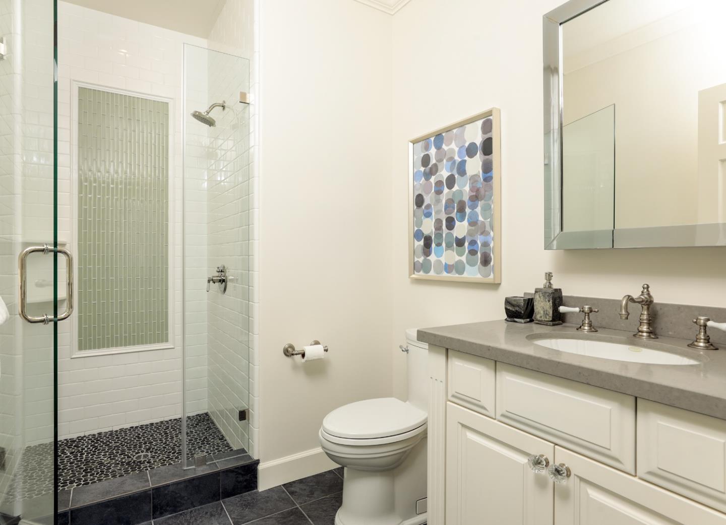 96 Laburnum Road Atherton, CA 94027 - Photo 22 of 40 a bathroom with a granite countertop sink toilet and shower