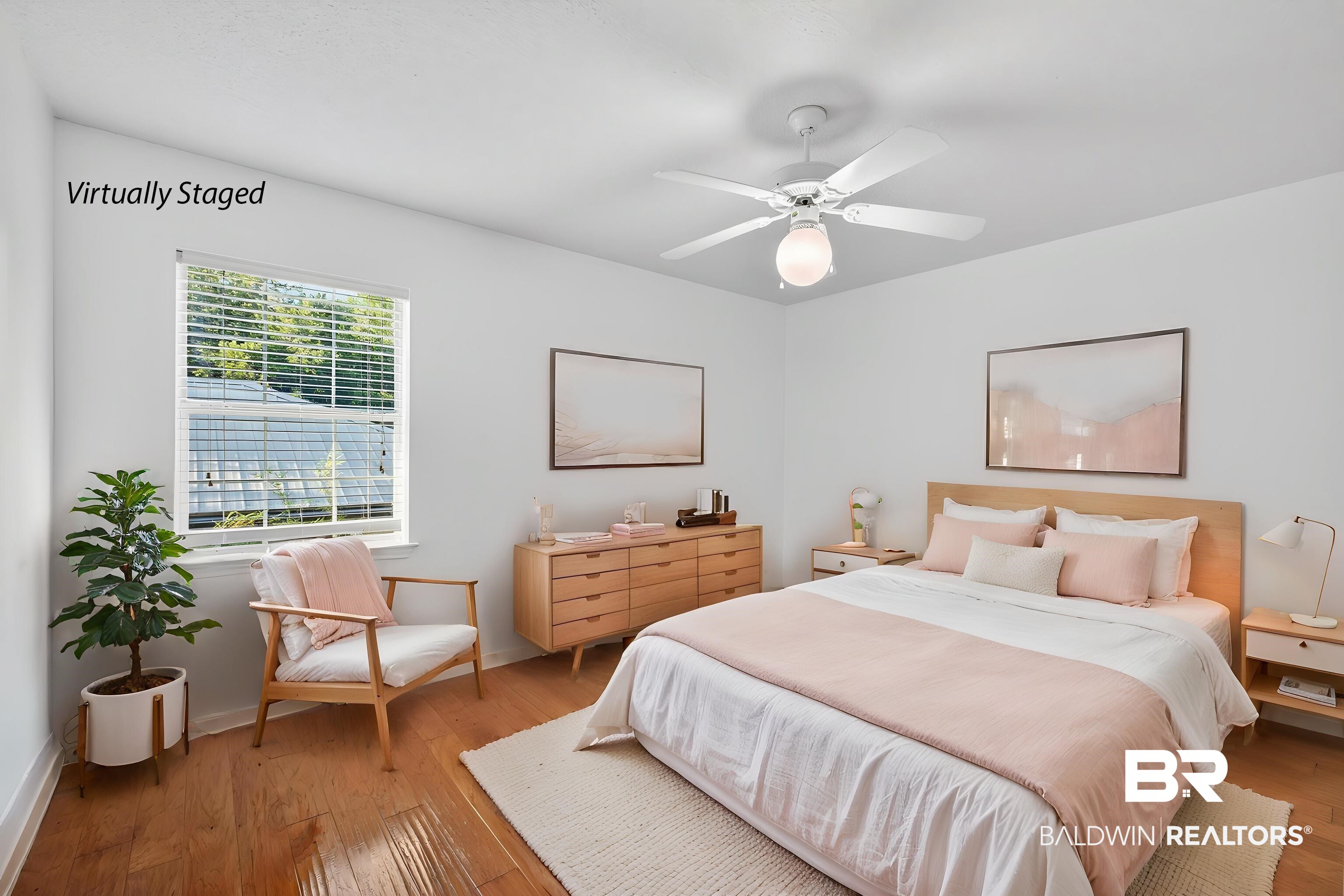 9624 North Bay Street Foley, AL 36535 - Photo 34 of 59 Bright bedroom featuring wood-finish flooring, a ceiling fan with integrated lighting, and white window blinds