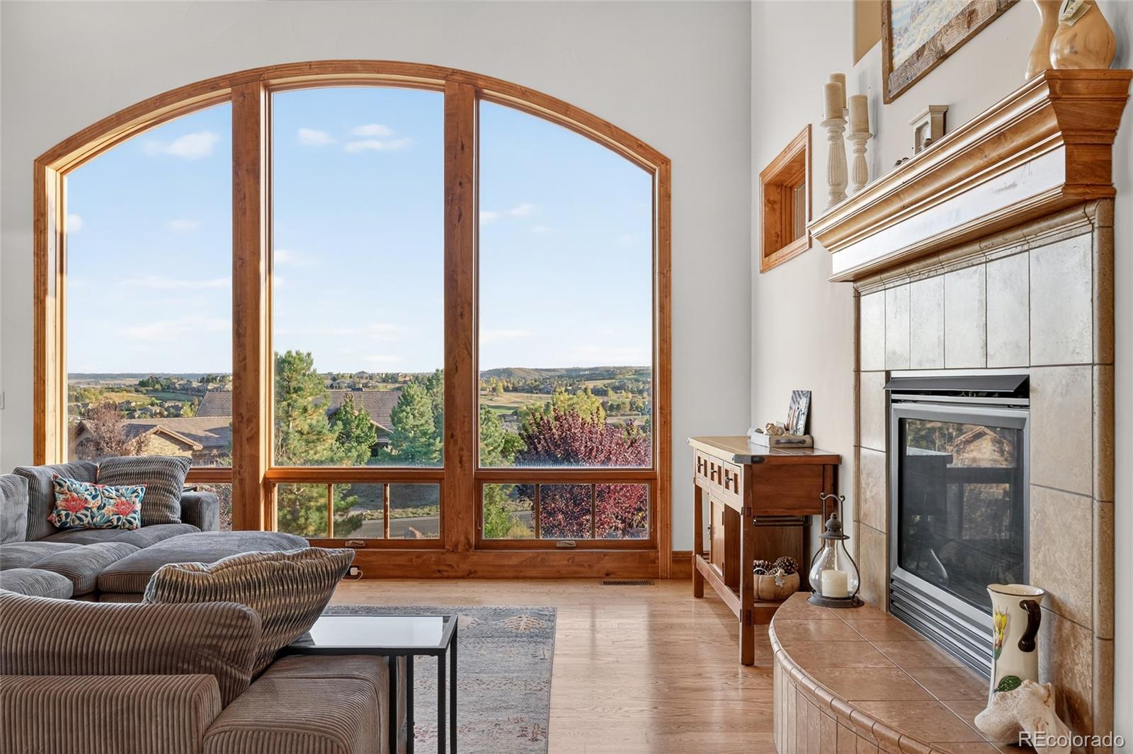 5001 Raintree Circle Parker, CO 80134 - Photo 16 of 50 a living room with furniture a fireplace and a floor to ceiling window
